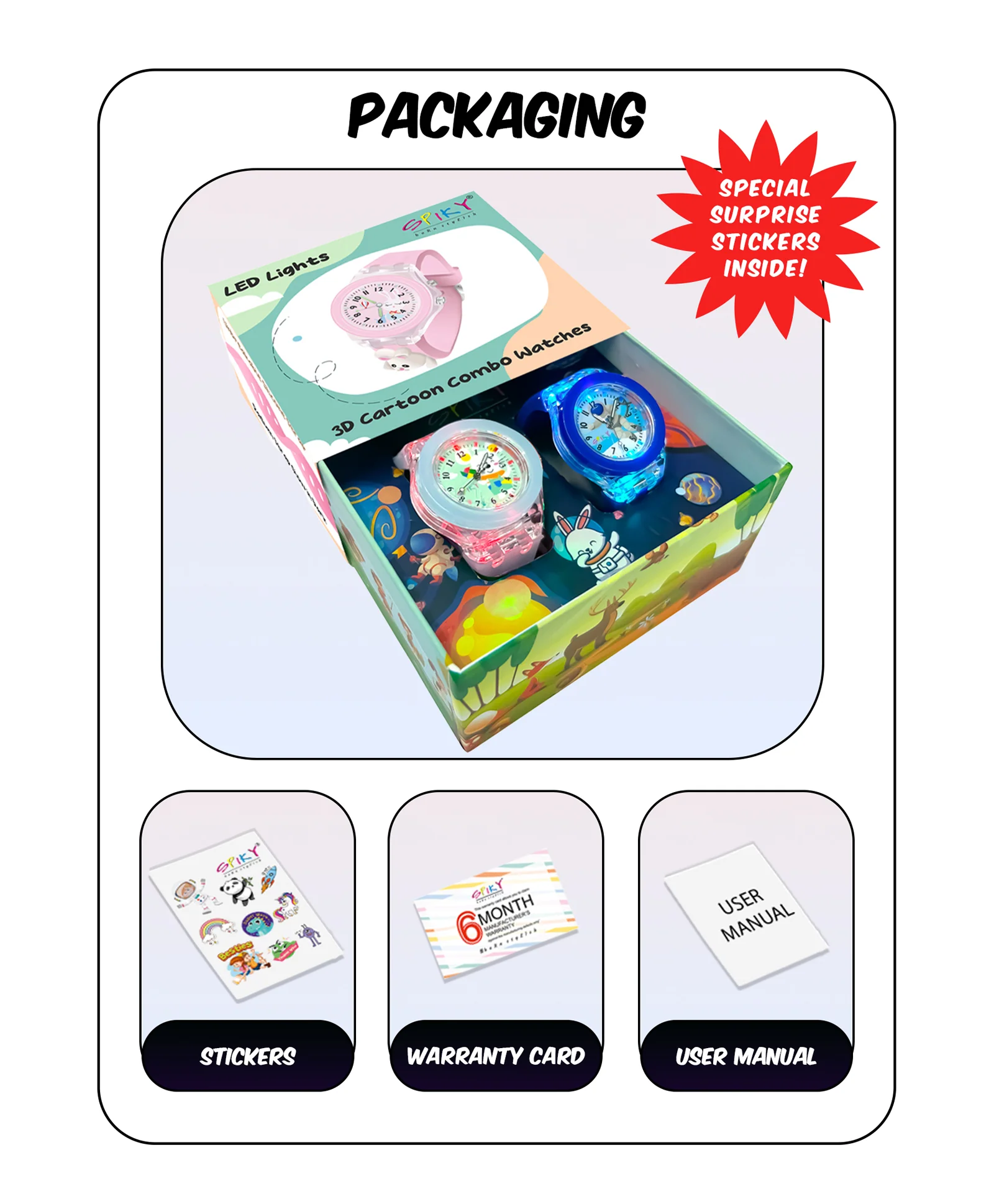 Spiky 3D Astronaut & Rabbit Cartoon Analog Light Watch Combo - Image 34