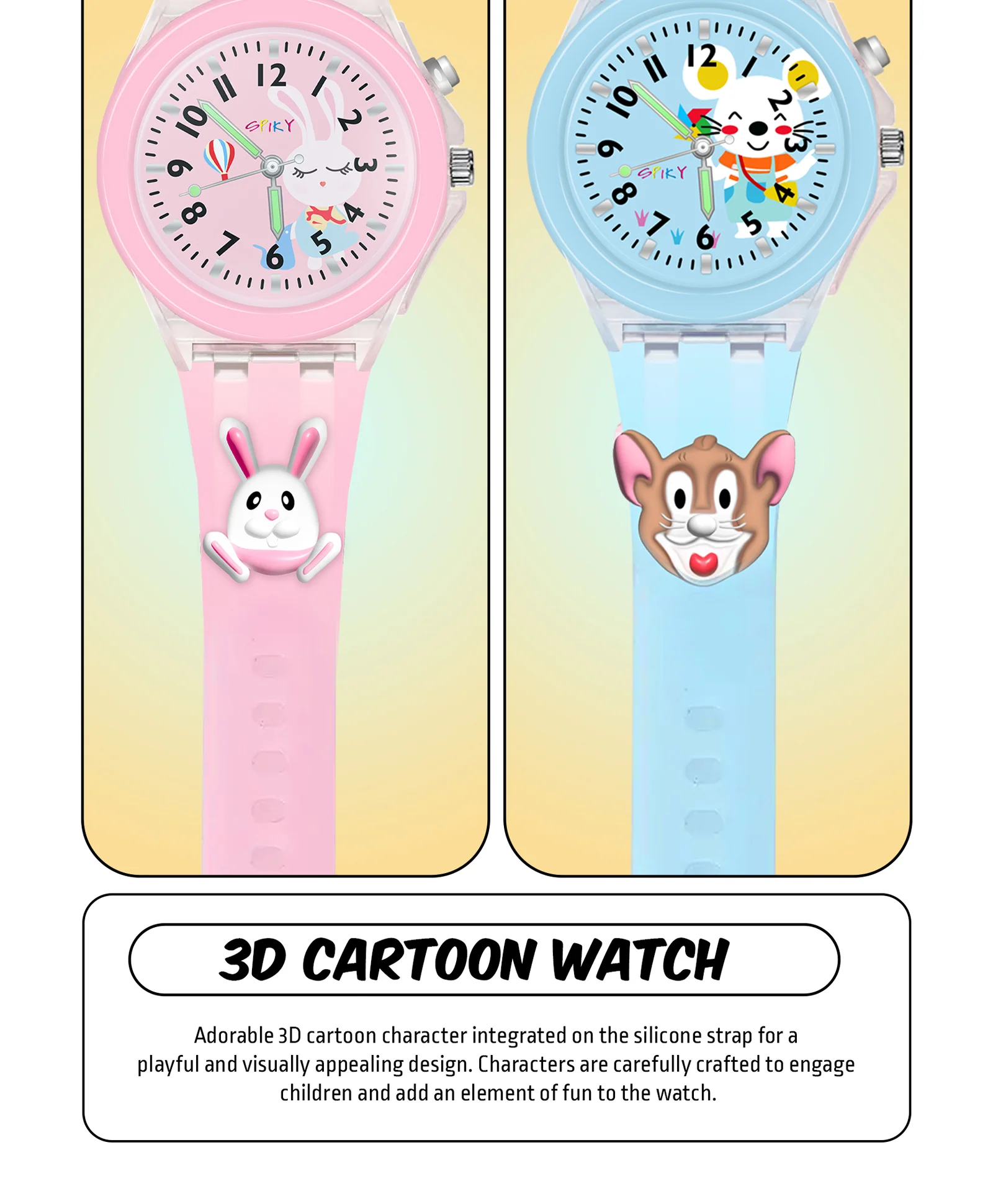Spiky 3D Monkey & Rabbit Cartoon Analog Light Watch Combo - Image 8