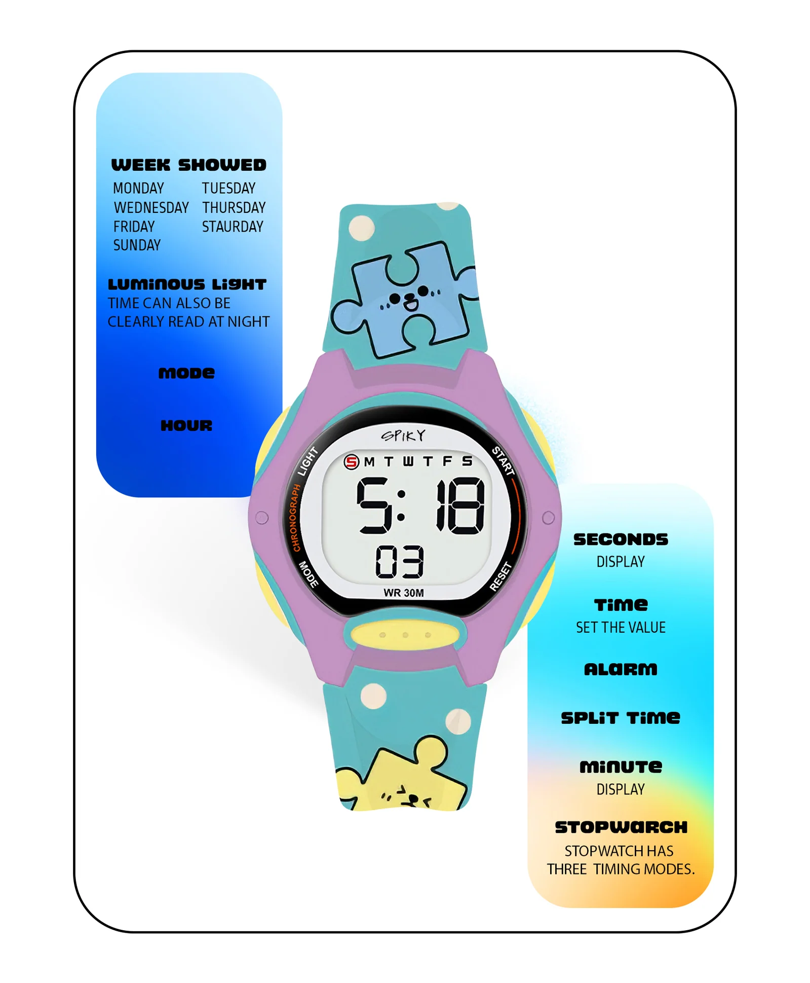 Spiky Eva18 Printed Strap Round Sports Digital Watch - Image 19