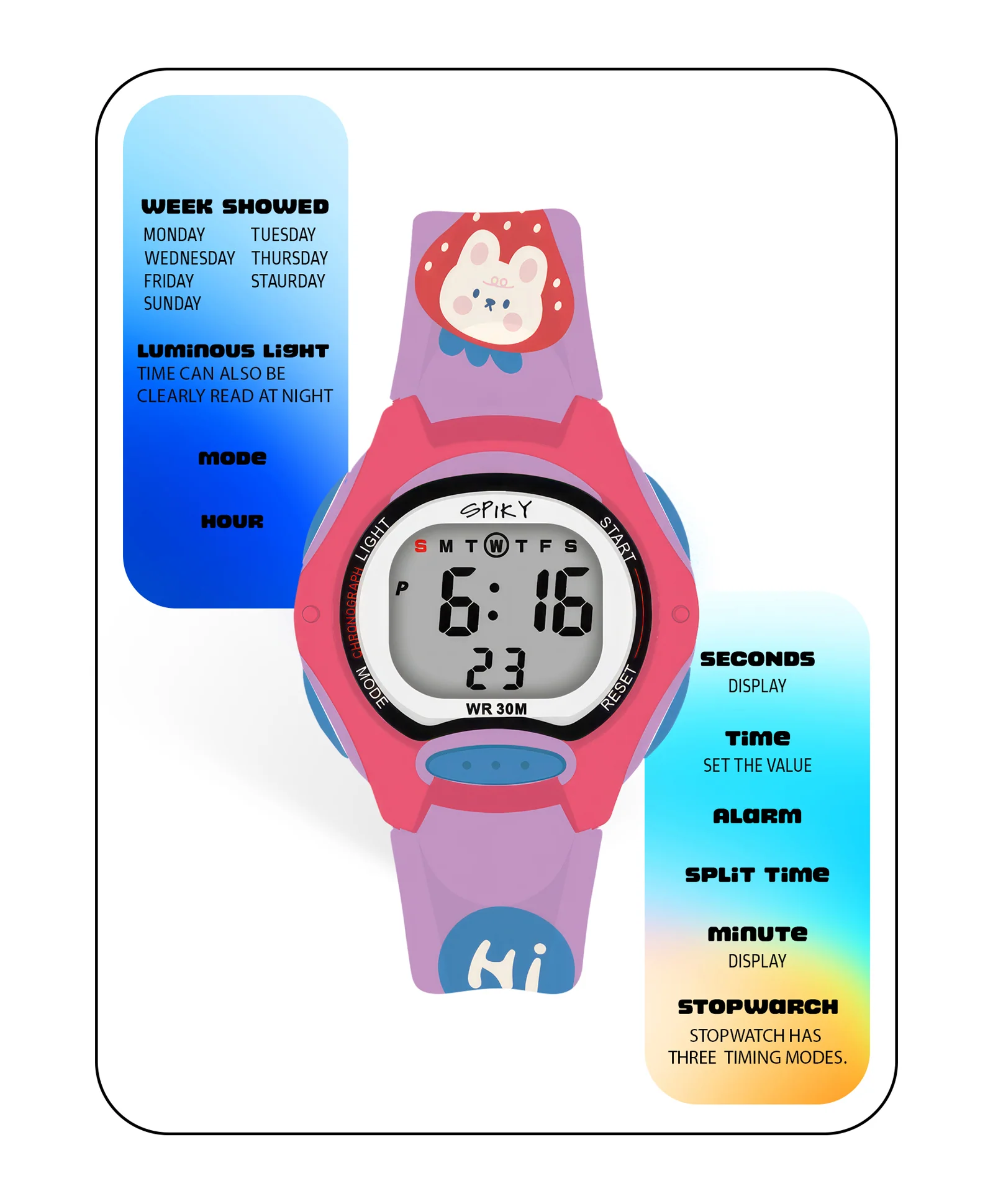 Spiky Eva18 Printed Strap Round Sports Digital Watch - Image 43